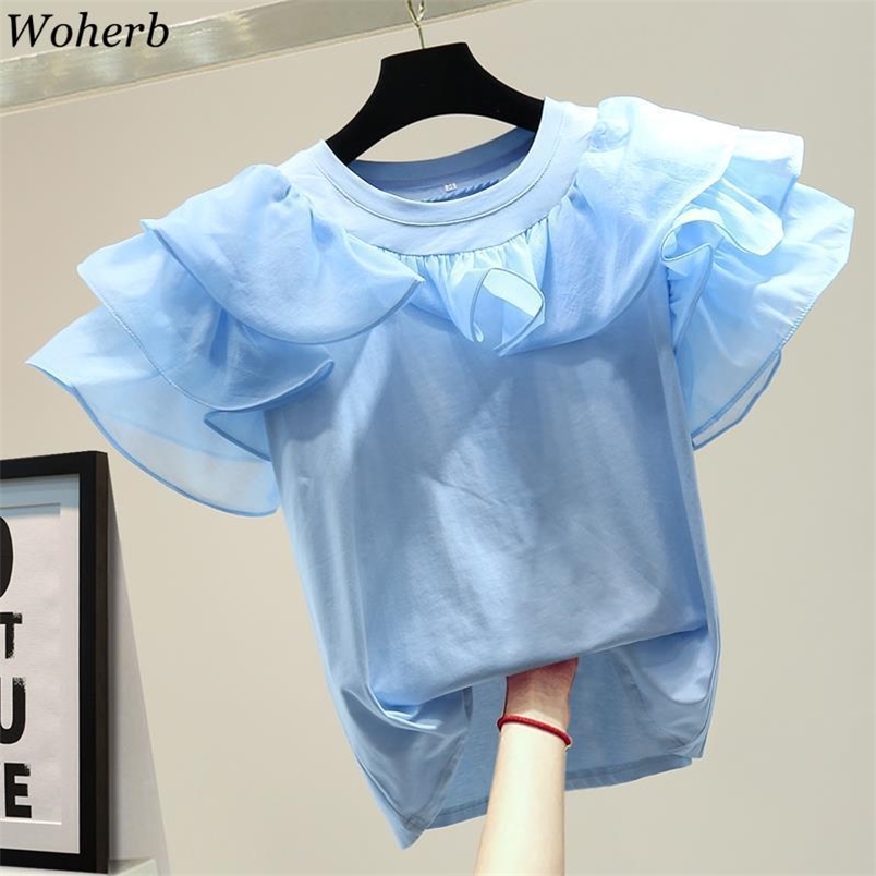 

Summer Japanese Style Ruffle Patch T-shirt Fashion Tops Women Casual All-match Short-sleeved T-shirts Chic Tee Femme 210519, Black