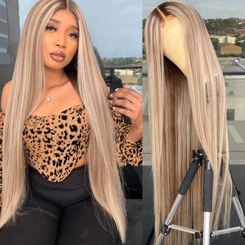 

Lace Wigs Ash Blonde Front Human Hair Straight Highlight Wig Light Brown Transparent 613 HD Frontal PrePlucked, As pic