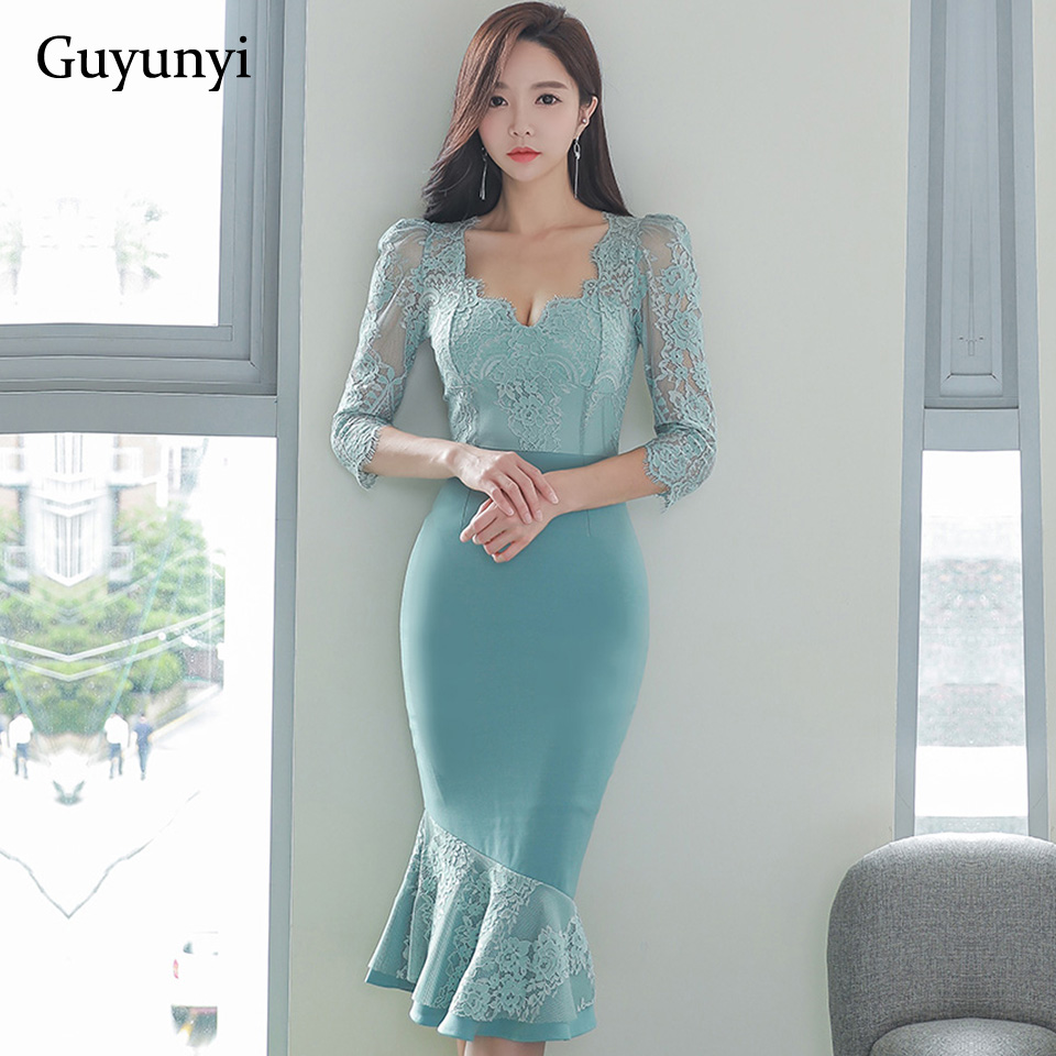

plain color elegant party dress 2021 spring temperament perspective lace sleeve and back high waist tight dress women, Black;gray