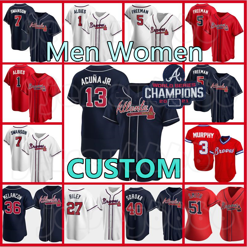 

Custom 13 Ronald Acuña Jr. Atlanta Hank Aaron Jerseys Braves Marcell Ozuna Dansby Swanson Ozzie Albies 5 Freddie Freeman Men Women Baseball, Women custom +patch cool base(yongshi)