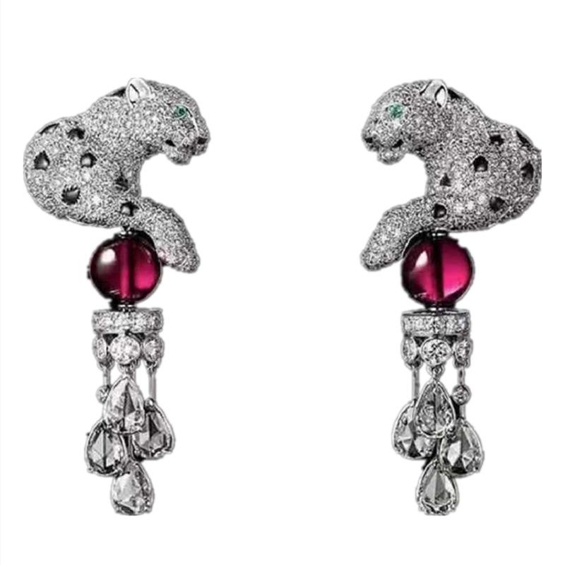 

Dangle & Chandelier S925 Leopard Animal Earring Paved Cubic Zirconia Panther Waterdrop Tassel With Crystal Ball Earrings For Women, Silver