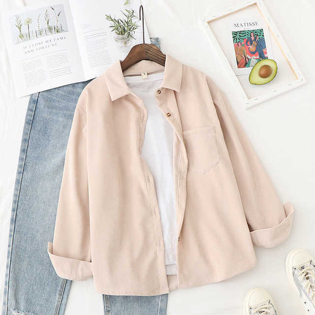 

Corduroy Blouse Women Tops Autumn Solid Color Lapel Button Long Sleeve Shirts Casual Large Size Loose Boyfriend Style Shirt 210526, Gray