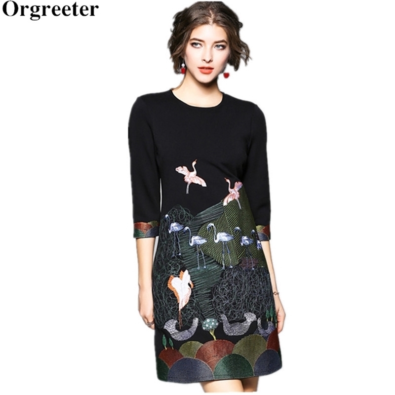 

Orgreeter High Quality Spring Vintage Dress O neck A-line cartoon animals Luxury Embroidery Knee-length Work Wear 210602, Black