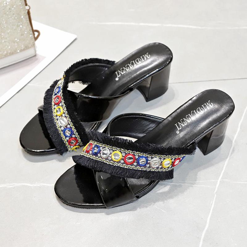 

Sandals Women Square Heel 2021 Summer Shoes Woman Fashion Slides Cut-out Open Toe Slip On Mothers Female Bling Slippers, Black