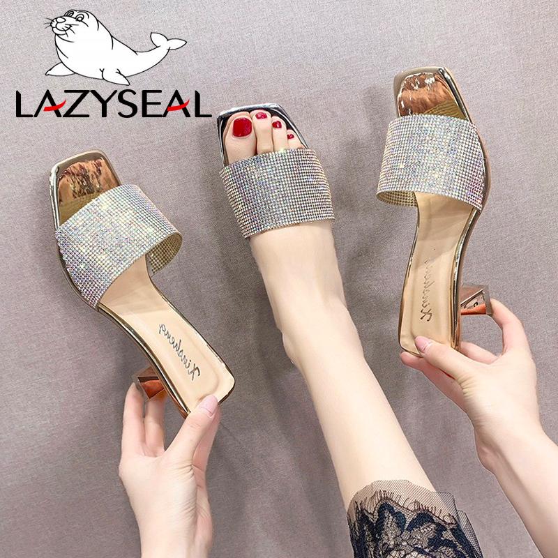 

Slippers LazySeal Summer 7cm Spike Heels Crystals Slides Slip On Shoes For Women Beach Ladies Luxury Fashion Female Dress, Black