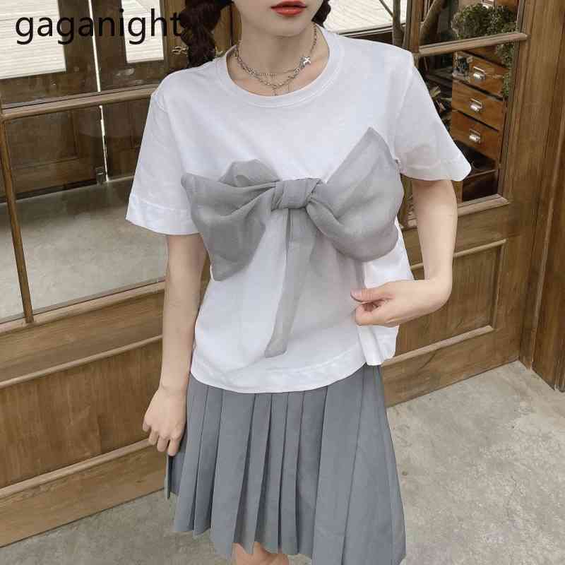

Gaganight Black White Summer T Shirt Casual Womens Bow Patchwork Tees Harajuku Plus Size Tops Short Sleeve Tshirt Woman Clothing 210519, Creamy-white