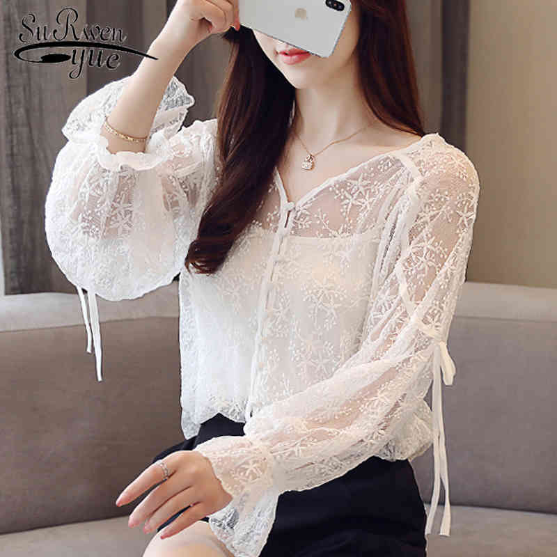 

women's tops and blouses lace sexy fashion feminine blouse causal V neck long sleeve button shirt blusas 0794 30 210521, White