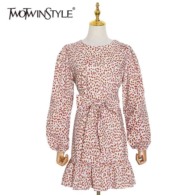 

Print Leopard Dress For Women O Neck Lantern Sleeve High Waist Bowknot Elegant Dresses Female Summer Fashion 210520, As picture