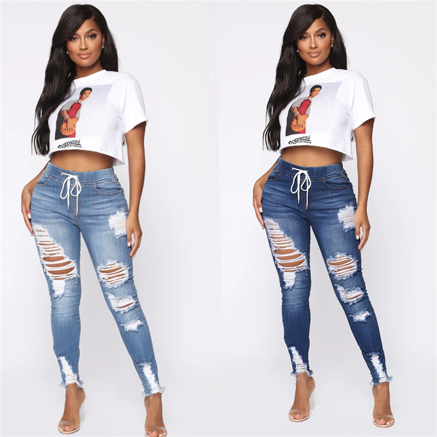 

New Fashion Women Hole Ripped Jeans Spring Summer Ladies Casual Streetwear Elastic Skinny Butt-lift Drawstring Pencil Pants Middle Waistline Trousers