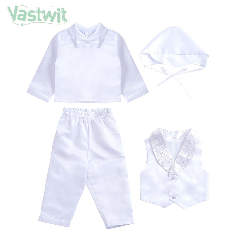 

Clothing Sets Infant Baby Boy Set Formal Gentleman Suit Christening Outfit Tops Pants Vest Hat Baptism Wedding Birthday Party Costume, White