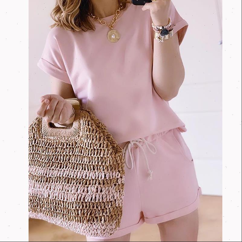 

casual solid two piece womens pants suit summer elastic waist color leisure clothes set women 2 o neck, White