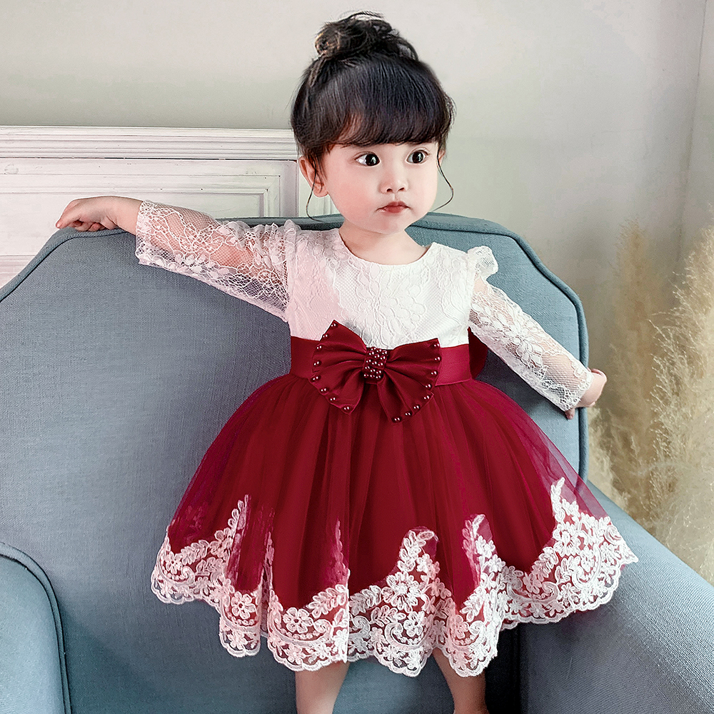 

Summer Beads Infant Baby Girl Dress Big Bow Baptism Flower Dresses for Girls 1 Year Birthday Lace Party Wedding Baby Clothes 24M, Peach pink