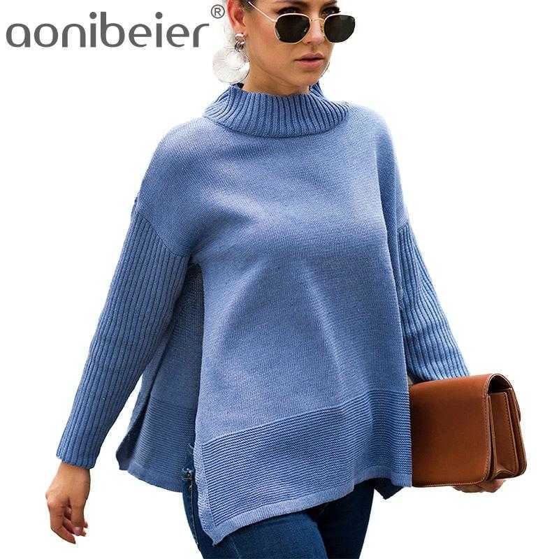 

Aonobeier Side Slit Knitted Sweater Autumn Winter O Neck Long Sleeve Casual Loose Ladies Pullovers Christmas Jumper 210604, Blue