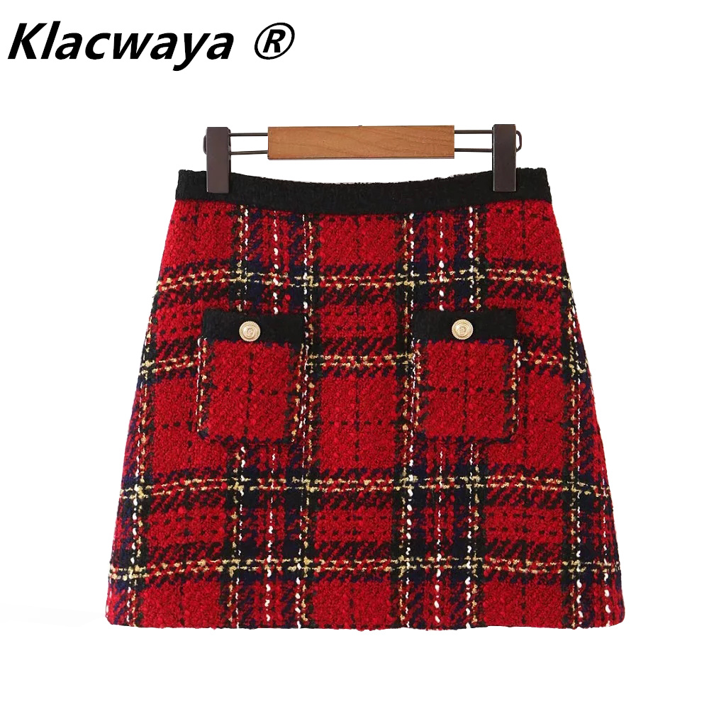 

Red Vintage Women Tweed 2021 Winter Fashion Ladies Plaid Female Patchwork Girls High Waist Mini Skirts Chic, Red plaid