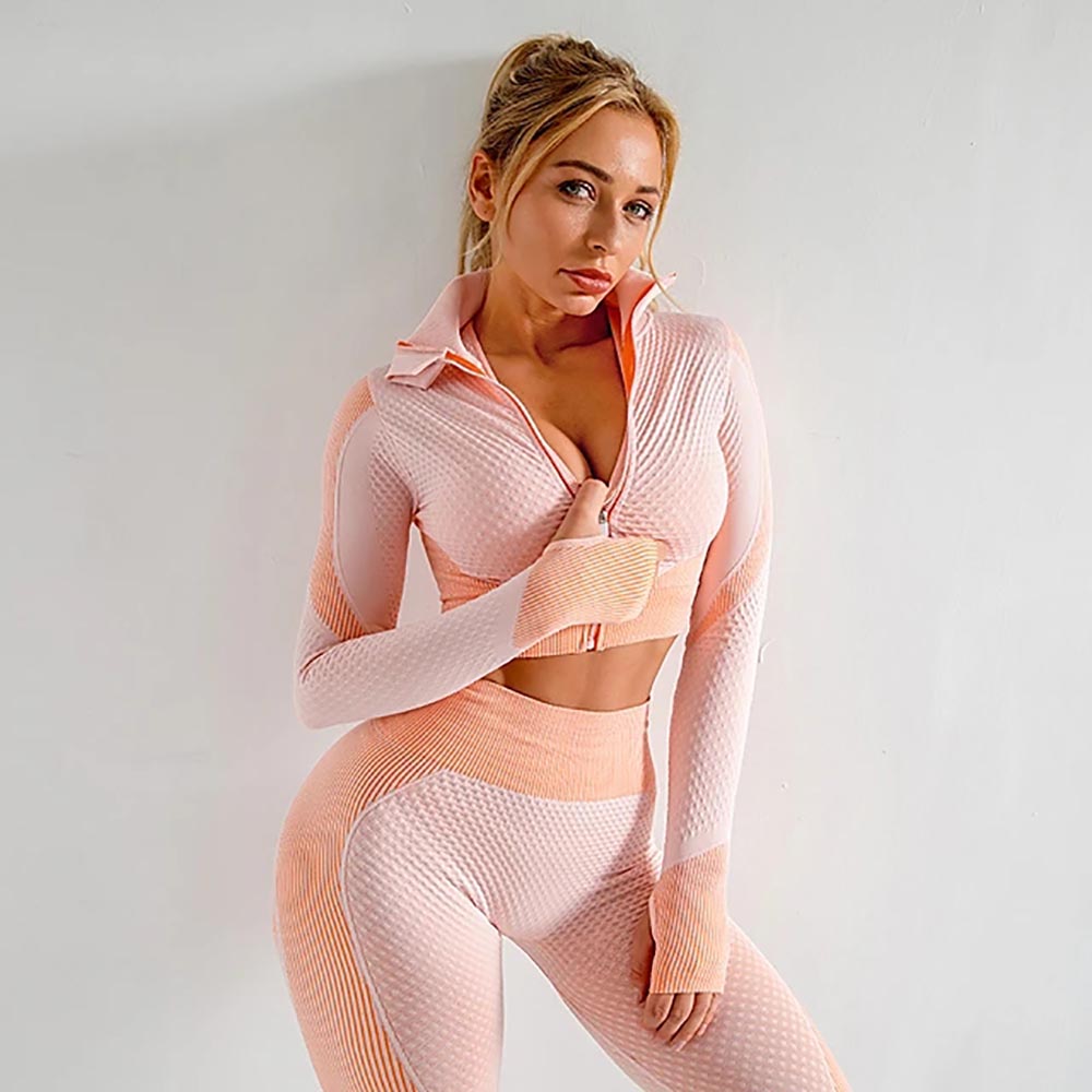 

Women Tracksuit Yoga Suit 2 Piece Seamless Thumbhole Patchwork Navy Dark Green Pink Nylon Yoga Fitness Gym Workout Leggings Crop Suits Long Sleeve Sport Activewear