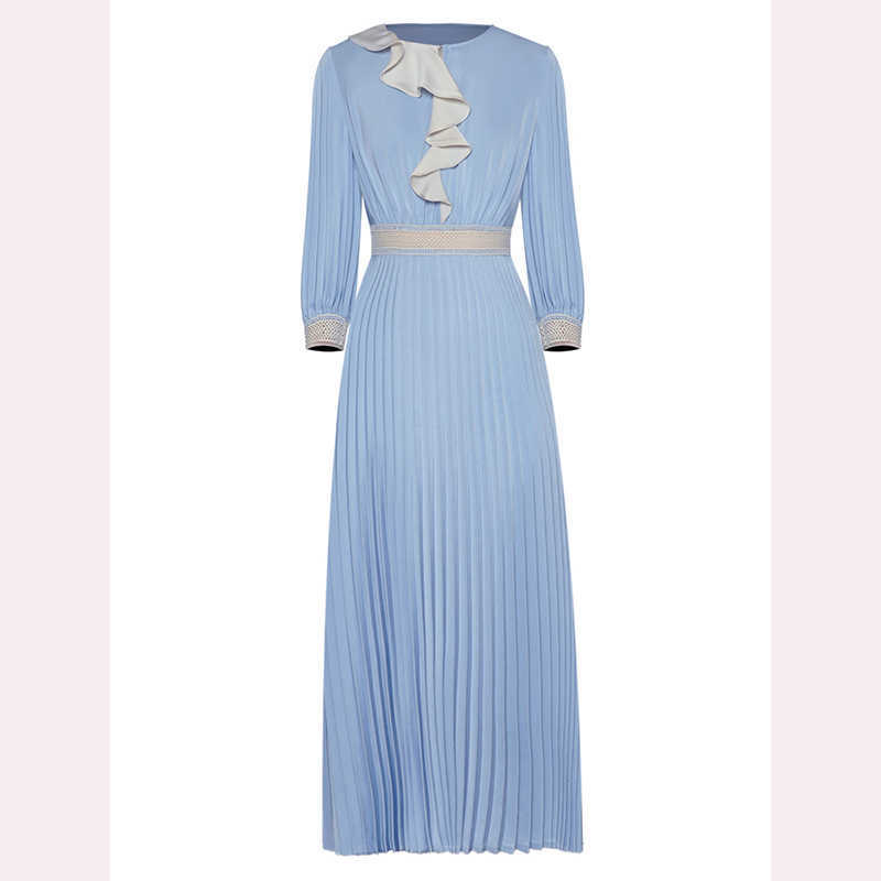 

HIGH QUALITY est Fashion O-Neck Ruffled Hollow Pleated Elegant Princess Style Dress 210526, Blue