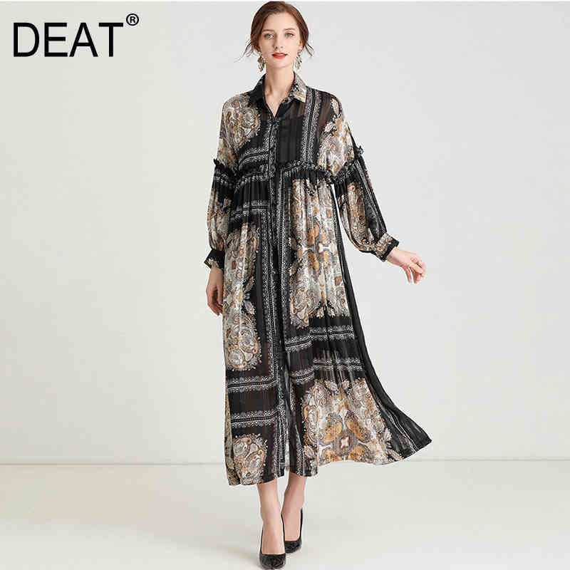

DEAT Shirts Dress Woman Loose Palace Print With Lined Full Sleeve Long Casual New Summer Fashion Plus Size Clothing, Blue