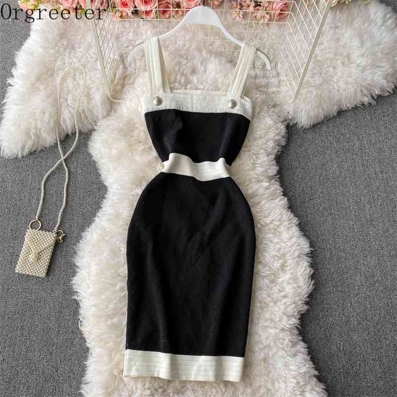 

Summer Sexy&Club Color matching High waist Knitted Mini Suspender Dress Women Bodycon Pencil 210602, Yellow