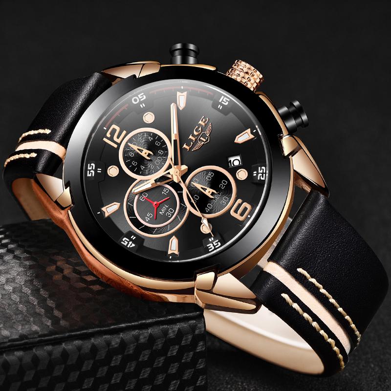

Wristwatches Watch Men 2021 LIGE Fashion Mens Watches Top Quartz Clock Male Casual Leather Waterproof Chronograph Relojes Hombr, Rose gold black blue
