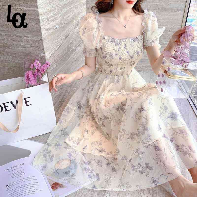 

Summer Chiffon Elegant Kawali Dress Women Floral Print Sweet Princess Casual Midi Puff Sleeve Party Holiday 210519, White dress