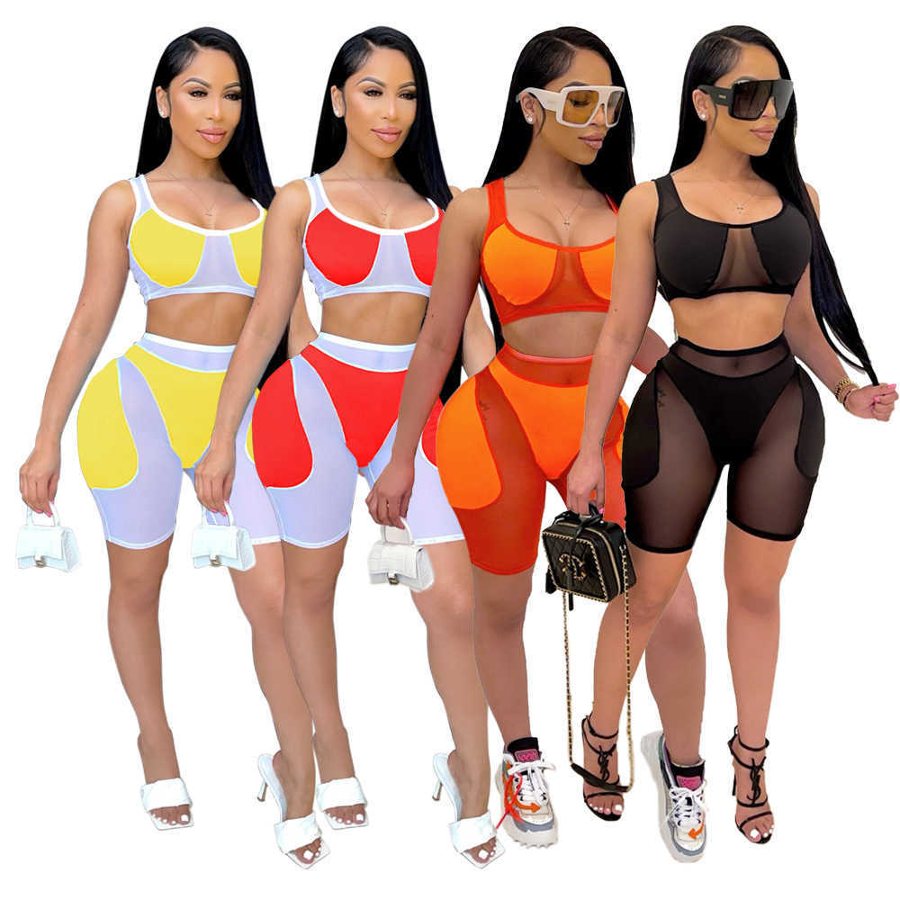 

Casual Women's Sheer Mesh Patchwork Tracksuit Women Summer Sexy Tank Crop Top + Biker Shorts Bodycon Club Two Piece Set Outfits X0612, Yellow set