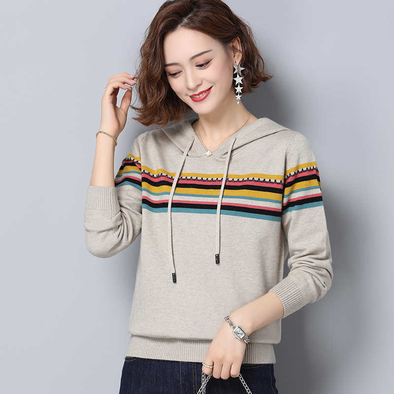 

Hooded basic autumn winter Sweater Women long sleeve Office Soft Knit sweater Pullovers Striped female Jumper top 210604, Black