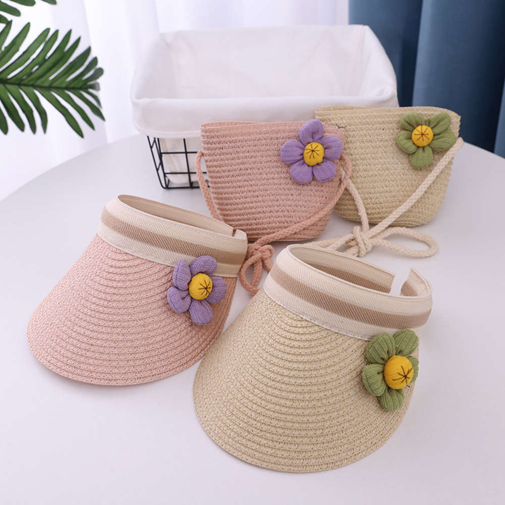 

Children's straw hat small fresh flower sunshade summer girls travel lovely beach sunscreen bag set, Yellow