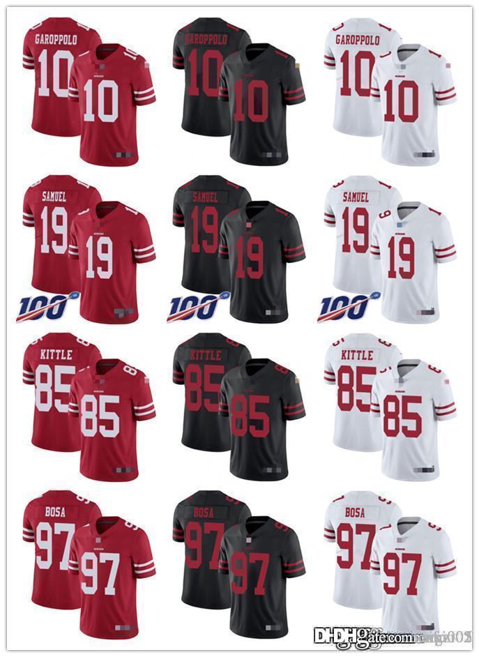 

Men Women Youth San Francisco 49ers 85 George Kittle 10 Jimmy Garoppolo 19 Deebo Samuel 97 Nick Bosa Red Custom Football Jerseys, Black;red