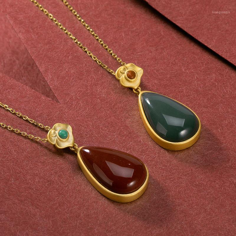 

Silver Inlaid Enamel Porcelain Agate Stone Drop-shaped Pendant Necklace Charm Frosty High-grade Women's Brand Jewelry Chains