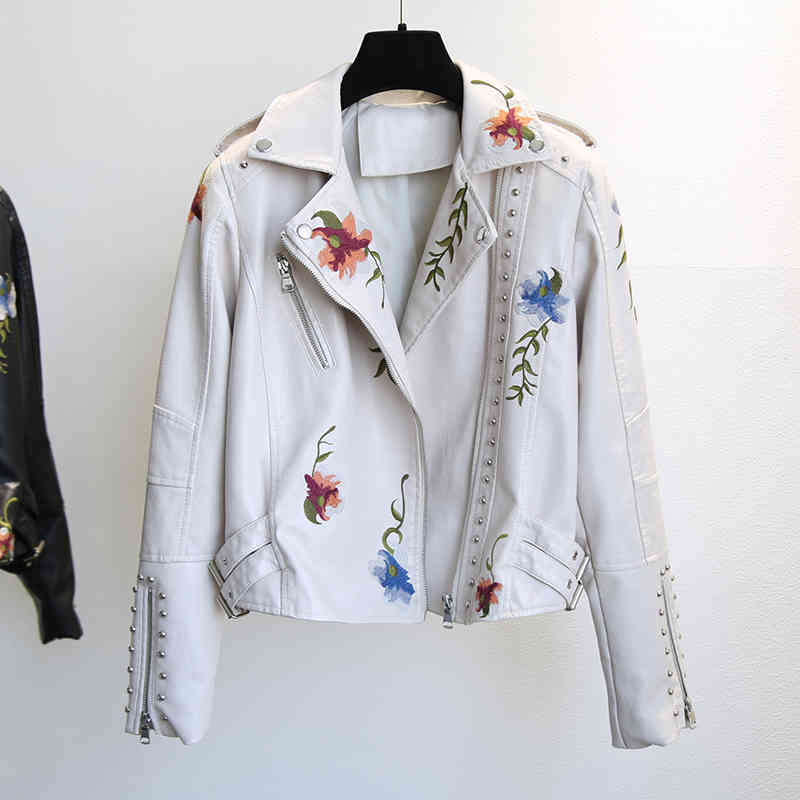 

YIZZHOY Spring Autumn Floral Print Embroidery Faux Leather Jacket Women High Street Motorcycle Black Punk Outerwear Biker, Beige