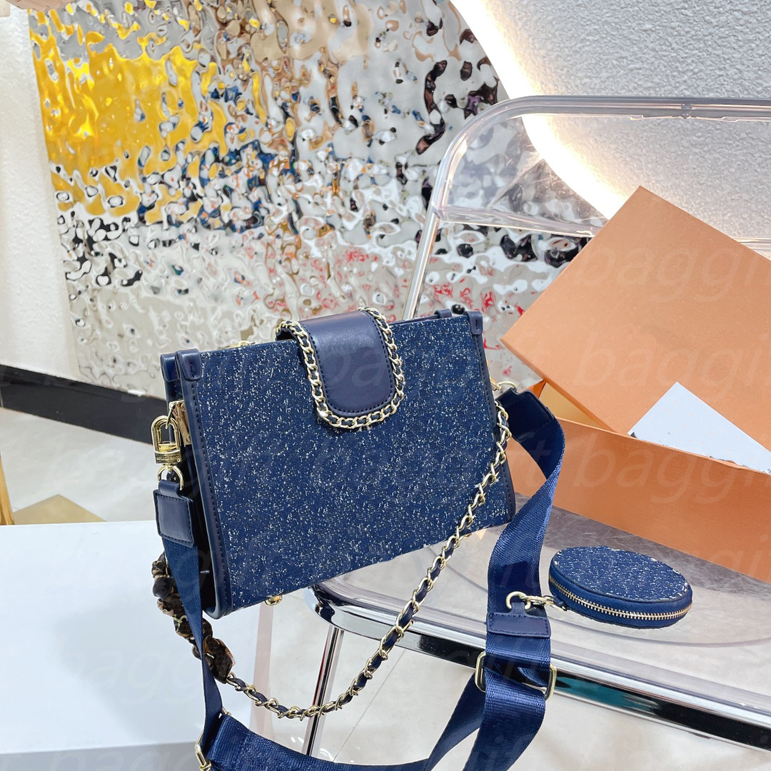 

Denim OnTheGo 2pcs Tote Shoulder bags Lady Crossbody wallet Blue white Washing denims Flower printing Chain handbag Designer Women Purse Plaid keepall Luggage, No bag;for balance