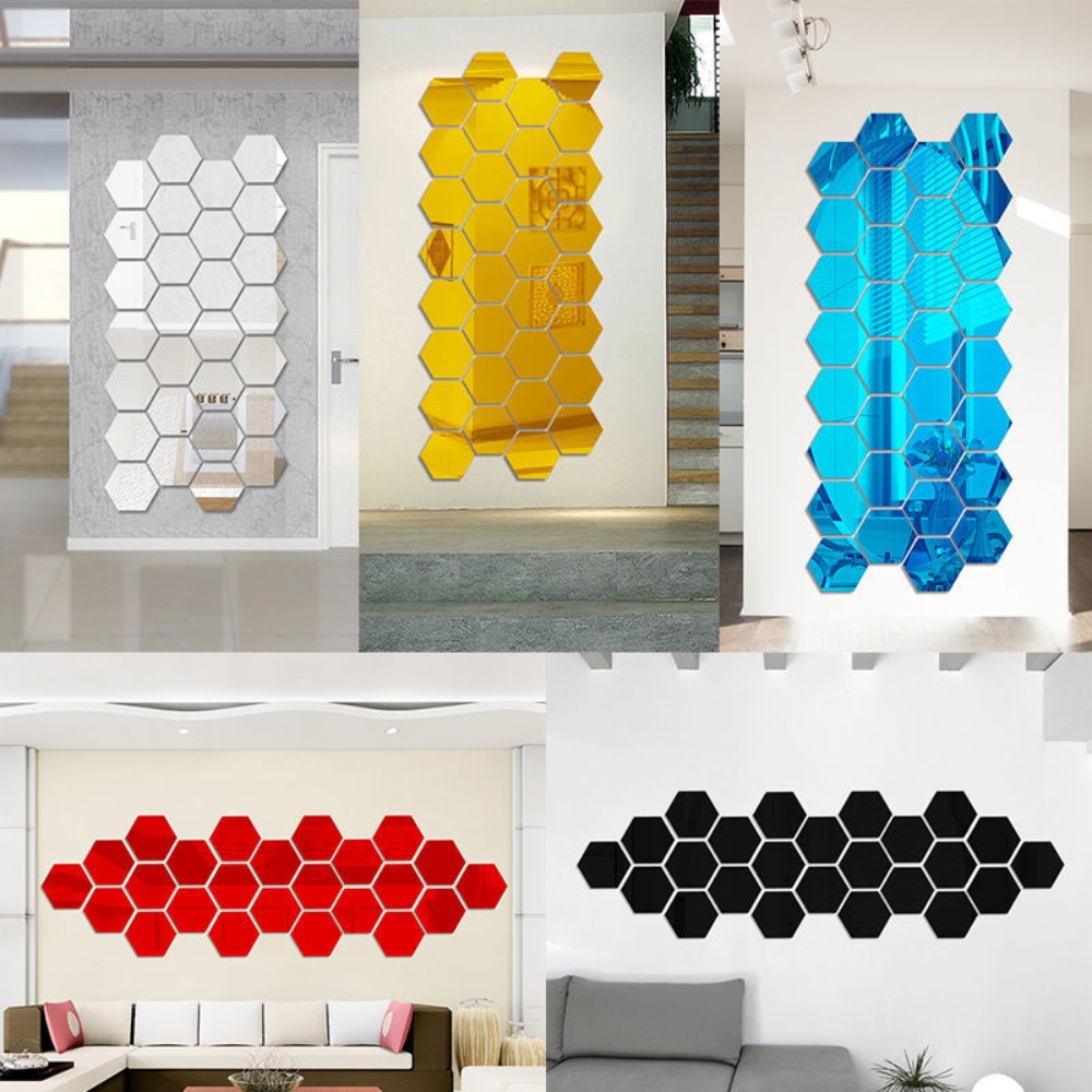

Decoration Hexagon Wall Decals Sticker with 12PCS in Silver Black Golden Blue Color Large Removable Acrylic Mirror Stickers for Home Living