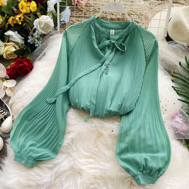 

Spring Autumn Blouse Women Lace Up Bow Pleated Chiffon Shirts Ladies Long Sleeve Retro Lantern Elegant Office Tops 210602
