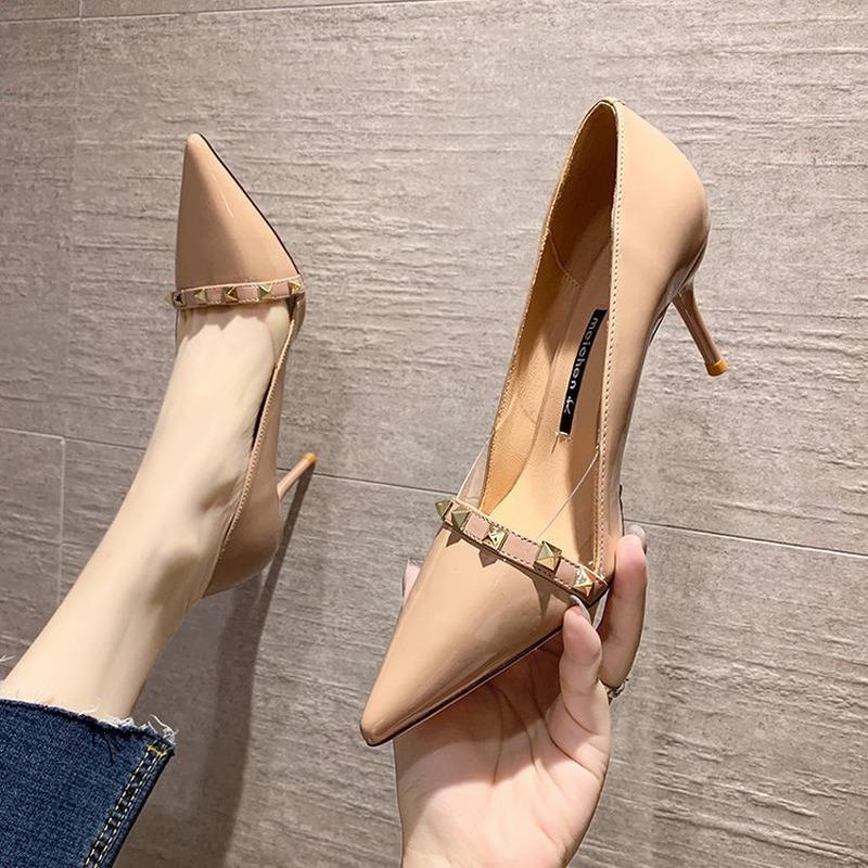 

Dress Shoes 2022 Spring Style Korean Patent Leather Pointed Rivet High Heels Summer And Autumn Fashion Stiletto Women's, White