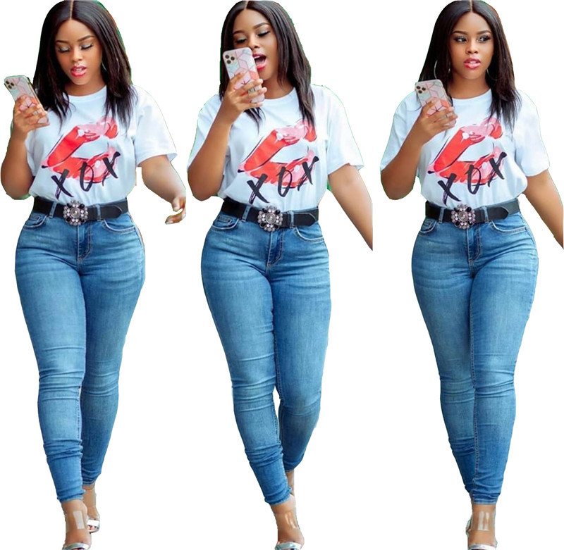 

Womens Designer Letters and Lip Tshirts Fashion Short Sleeve Slim Womens Crew Neck Top Summer Ladies Sweet Tee, White