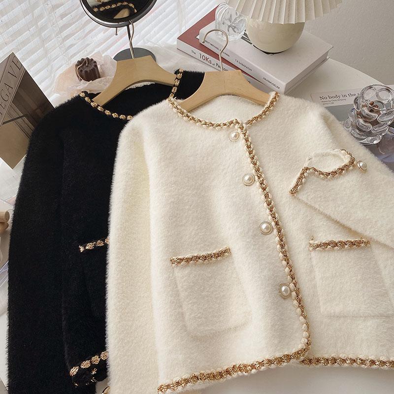 

Women's Knits & Tees Fragrance Pearl Button Sweater White Coat Autumn Korea Fashion Contrast O Neck Long Sleeve Waterproof Mink Cardigan Pul