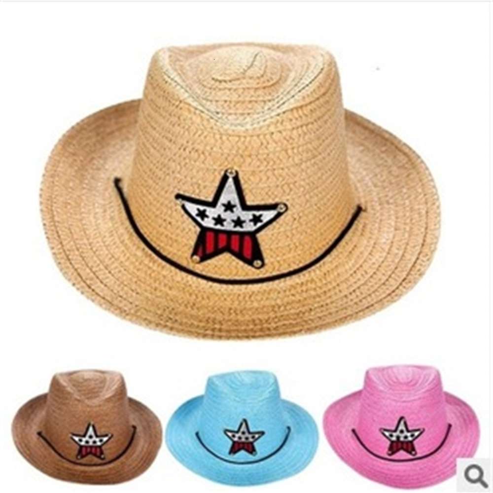 

Amoy summer children's Jazz Top Hat five pointed star cowboy hat straw sun, Yellow