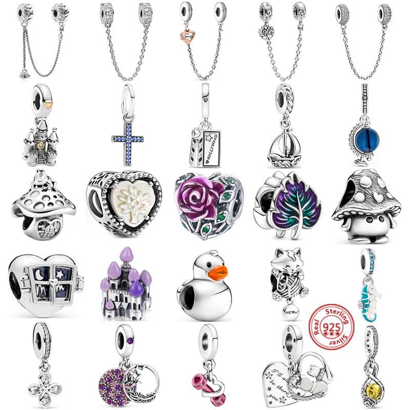 

Other Couqcy Cute Cat Heart Mushroom Purple Leaves Flower Castle Blue Star Moon 925 Silver Bead Fit Charm Bracelet DIY Jewelry