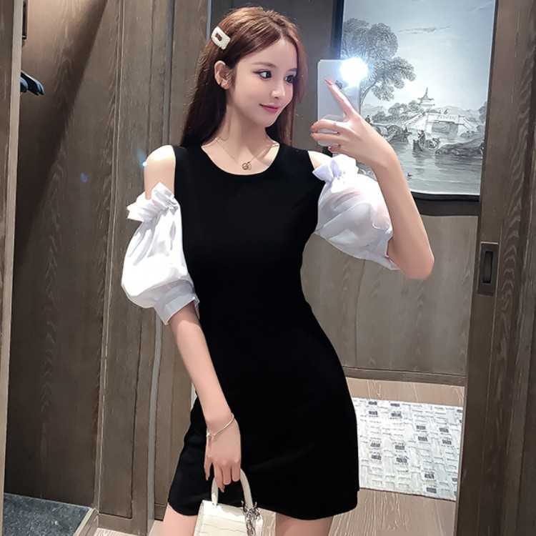 

Summer Woman's Sexy Off Shoulder Puff Short Sleeve Slim Black Knit Sheath Mini dress female 210526