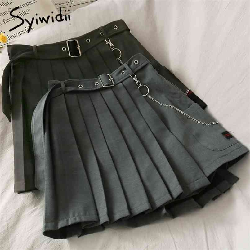 

Harajuku Pleated Chain High Waist Skirt Women Bandage Casual A-Line Solid Spring Summer Korean Fashion Mini Skirts 210607, Black