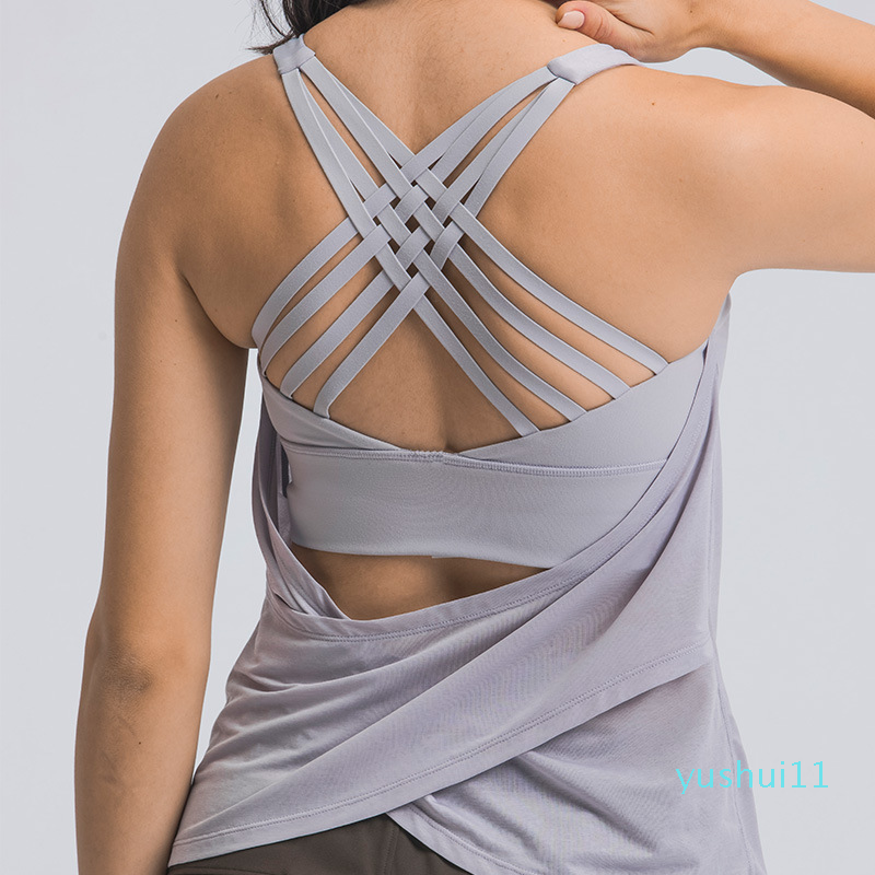 

Fitness Woman High Impact Sport Tanks Cross Straps Wirefree Adjustable Buckle Spandex Yoga tops Gym Workout Bra, Black