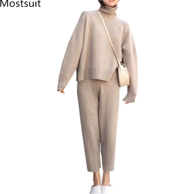 

Ins Style Women Knitted Two Piece Pants Sets Turtleneck Pullover Sweaters And Suits Autumn Winter Fashion 2 Set 210518, Dark blue