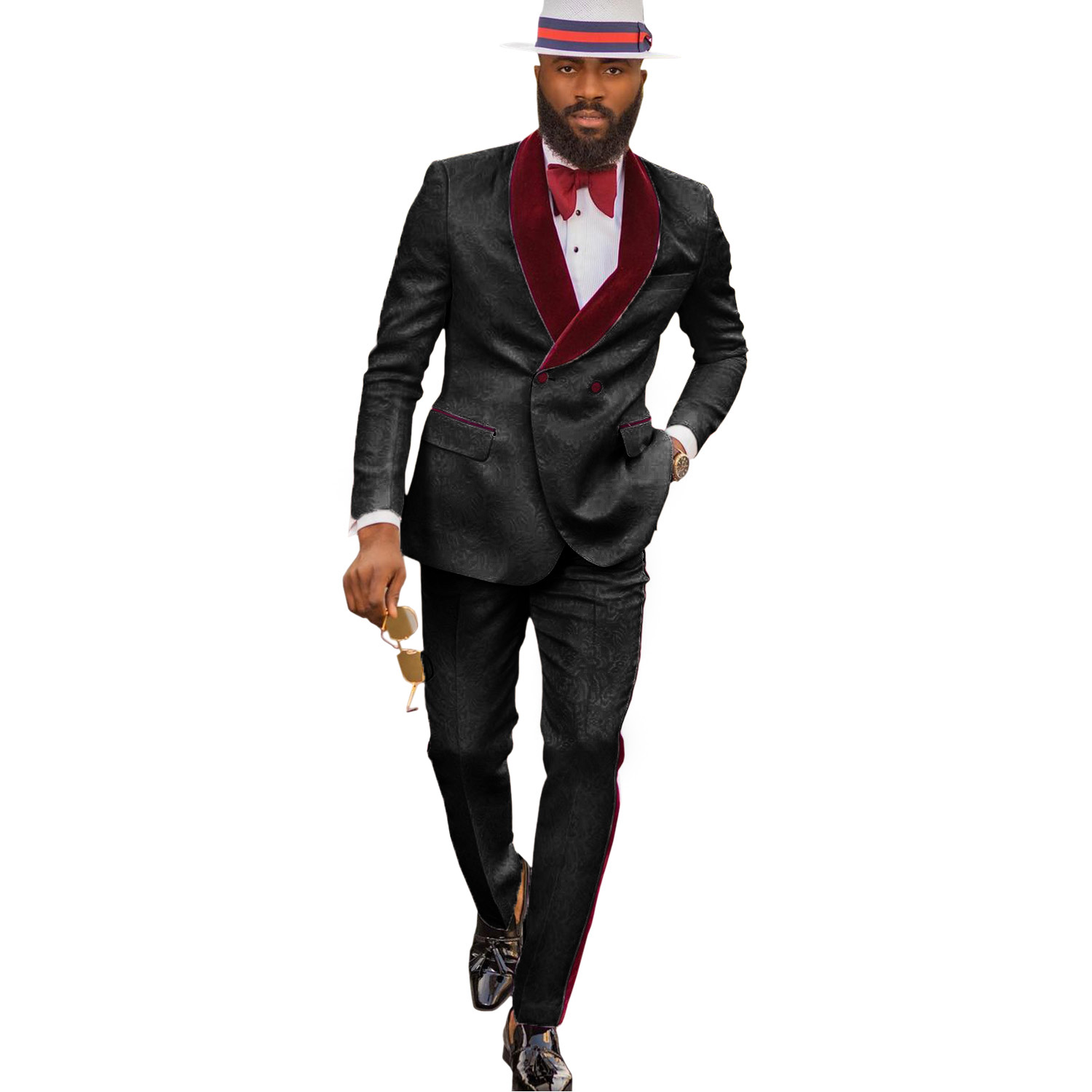 

Men Suit Casual 2 Piece Fashion Jacquard Slim Fit for Wedding (Blazer +Trousers), Red