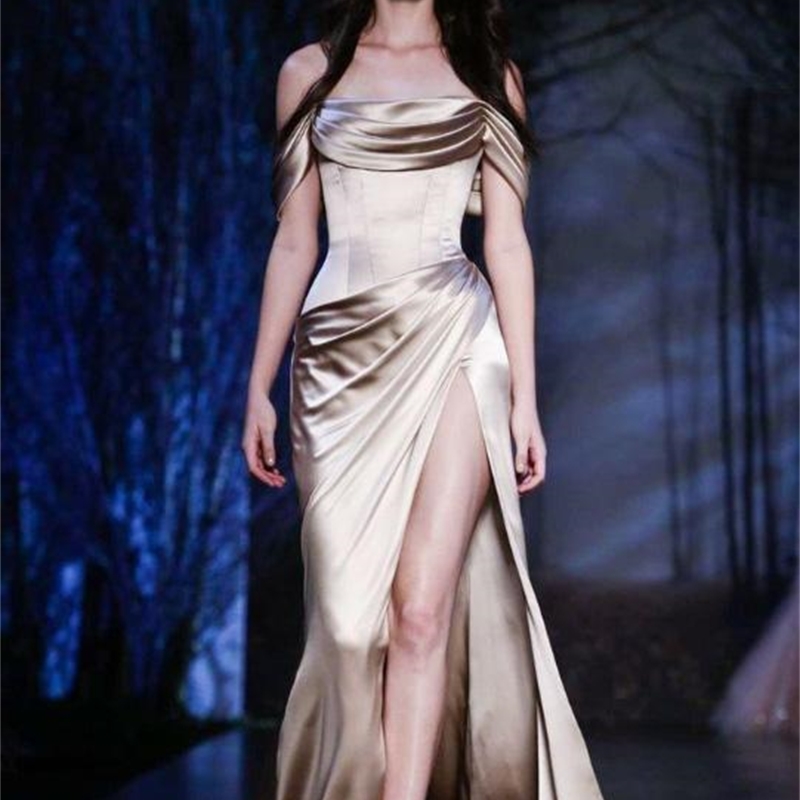 

Evening Dresses es Long Off The Shoulder Party Champagne Satin High Slit vestido de festa Celebrity, White