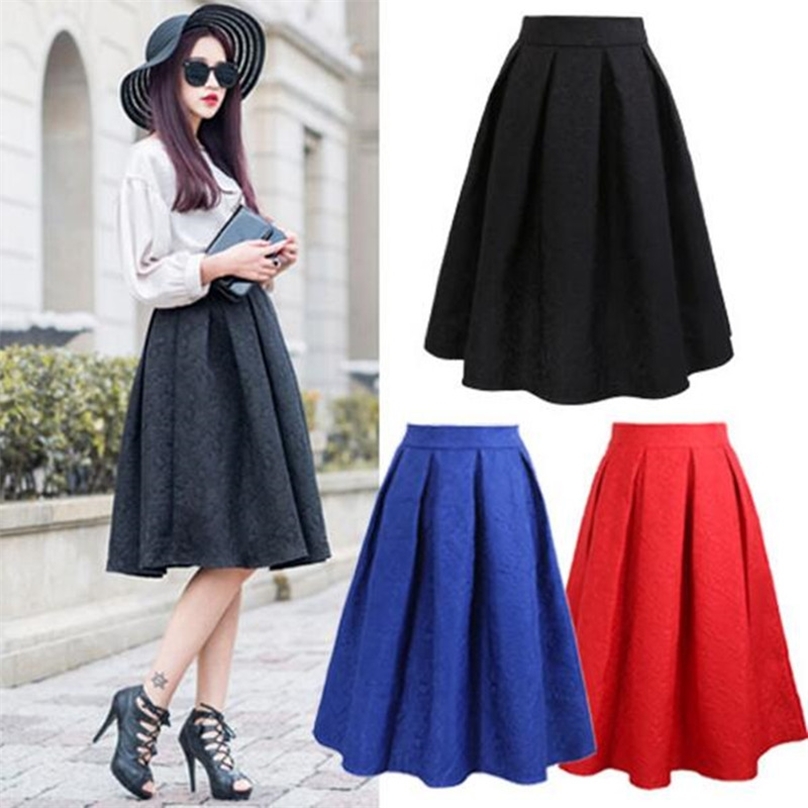 

Neophil Summer Black Red Jacquard Pleated Ball Gown Skater Ladies Midi Skirts Womens Plus Size Office Wear Tutu Saia S08044 210629