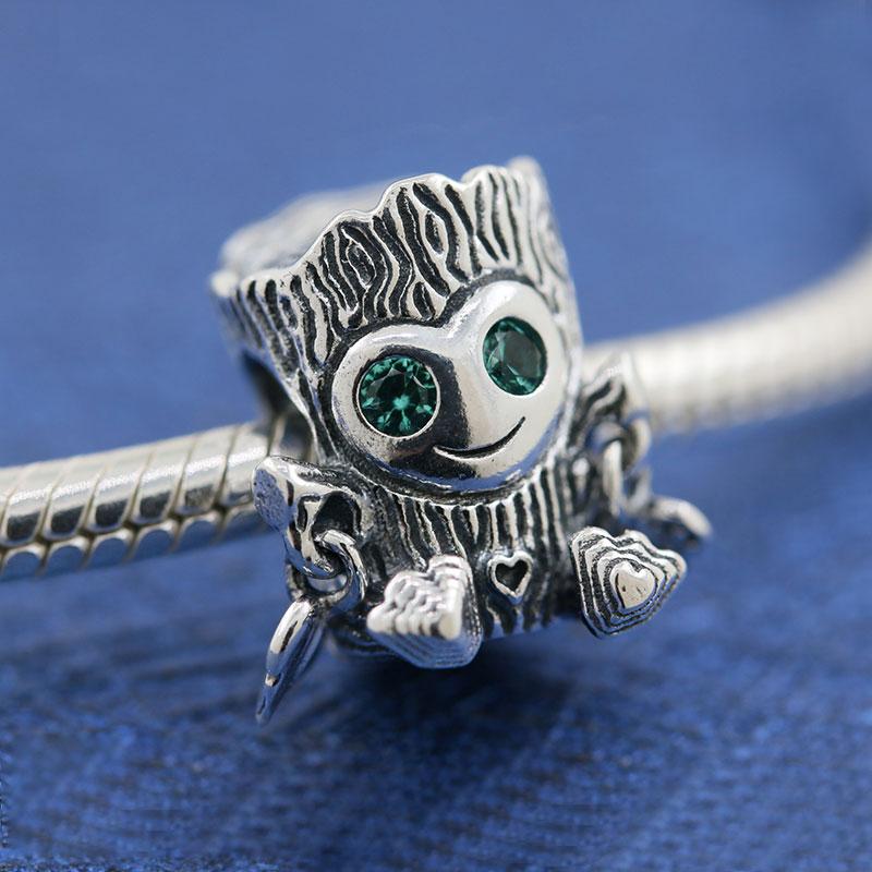 

925 Sterling Silver Sweet Tree Monster with Green Cz Charm Bead For European Style Jewelry Charm Bracelets