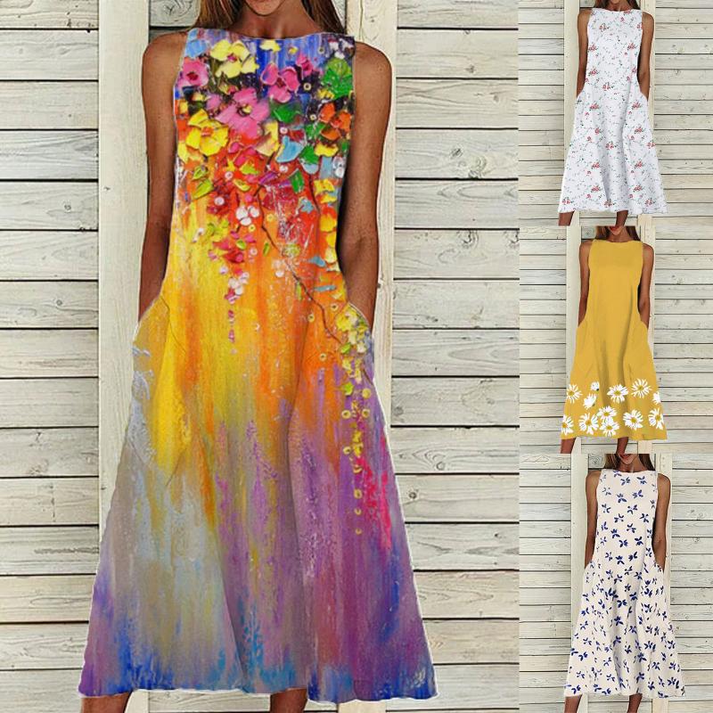 

Casual Dresses Women Fashion Tropical Bh Floral Printed Loose Sleeveless Pocket Long Dress Round Neck Print Retro Mid-Calf Holiday, Purple