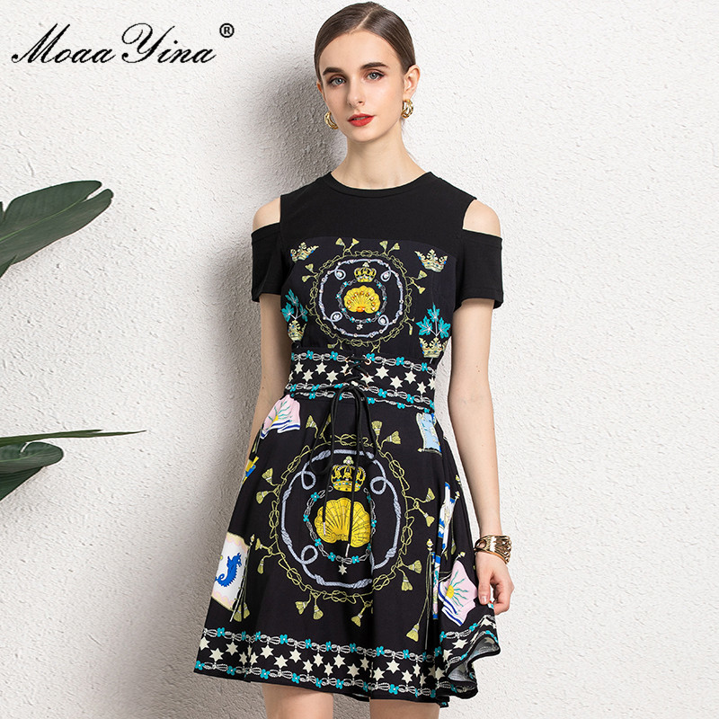 

Summer Fashion Runway Designer Dresses Women's O-neck Beading Floral printing Black Vintage Mini Dress 210524