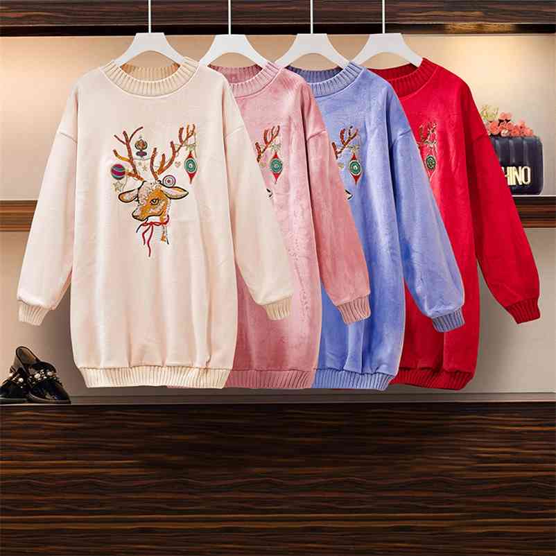 

Women Tops Thickening Fleece Velvet Sweatshirt Winter Animal Sequin Embroidery Long Sleeve Loose Pullover 210519, Red