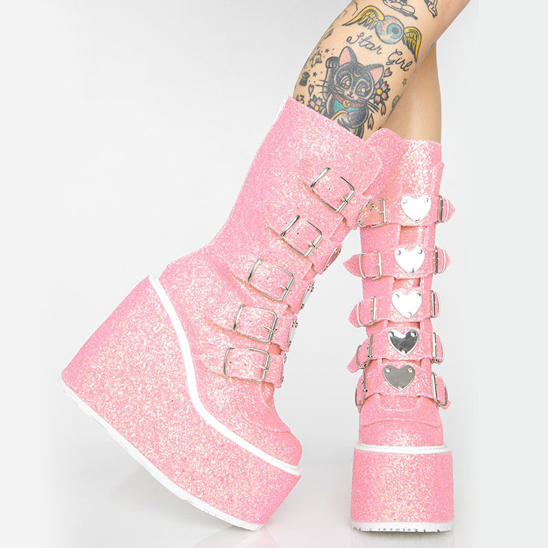 

Brand Fashion Gothic Street Cool Wedges Woman Shoes Buckles Big Size 43 Glittered Pink Chunky Platform Motorcycles Boots, Black matte style 3